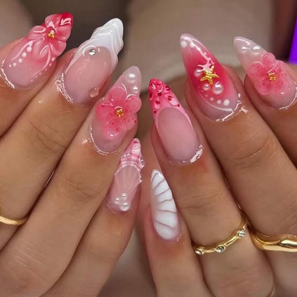 24pcs/Set Almond Shaped French Manicure 3D Floral Water-Drop Gradient Elegant